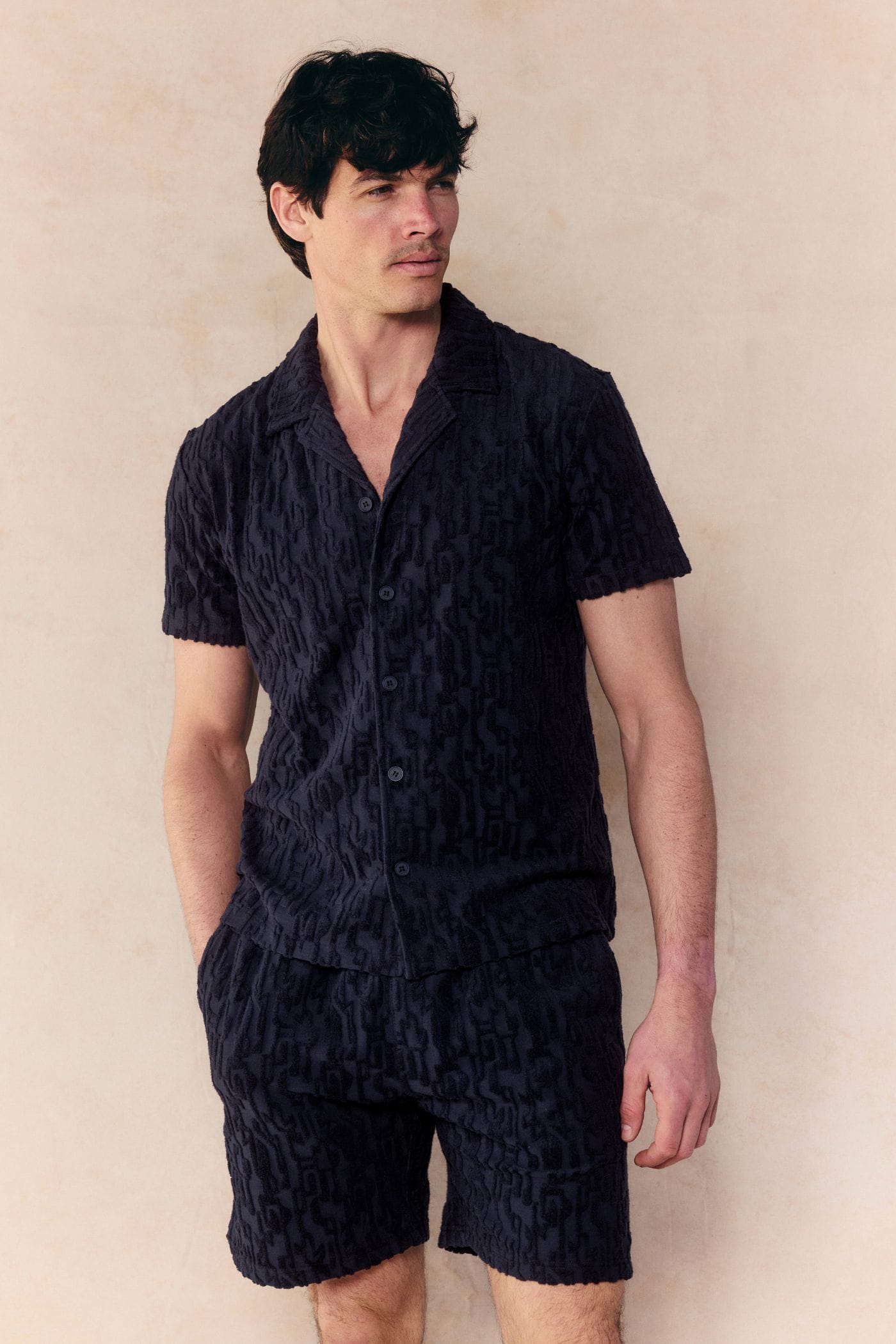 Fausto Flocked Towelled Short - Navy