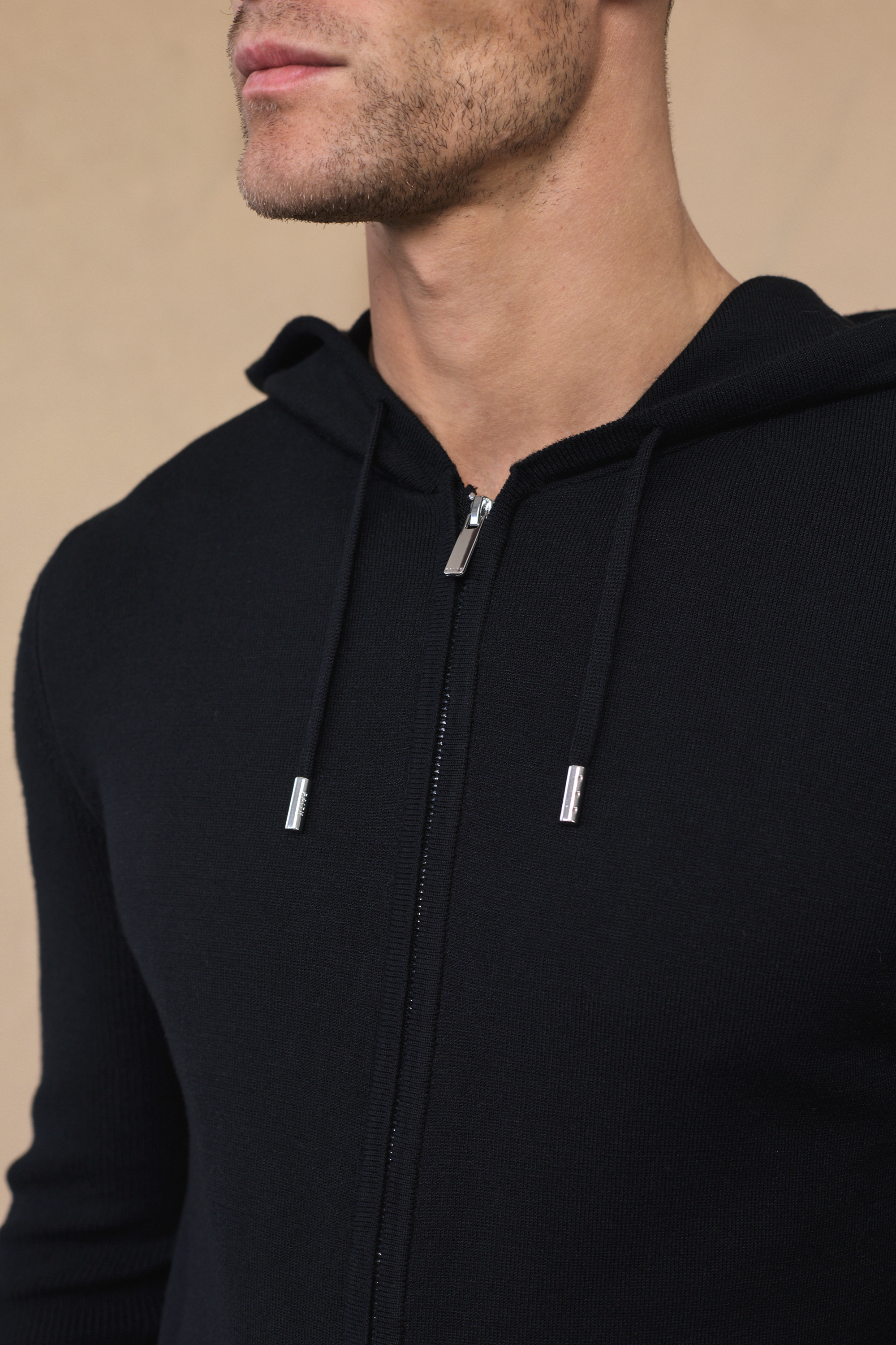 Nolan Knitted Zip Through Hoodie - Black