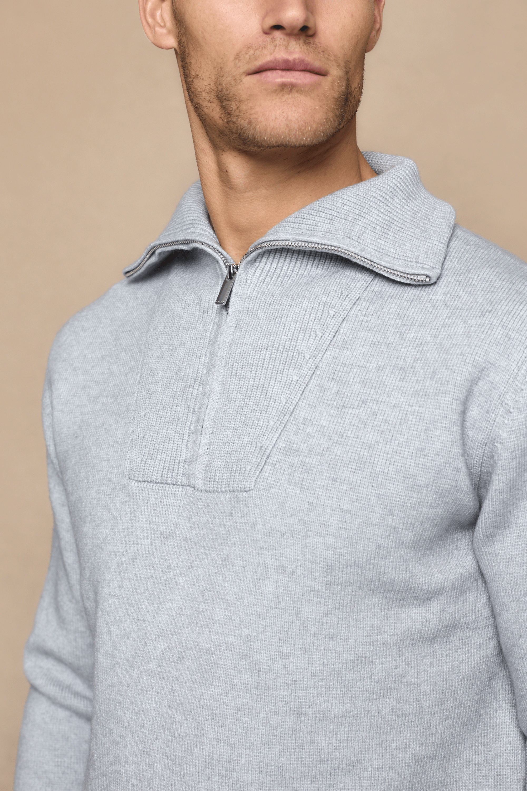 Zander Zipped Funnel Neck Knit - Light Grey Marl