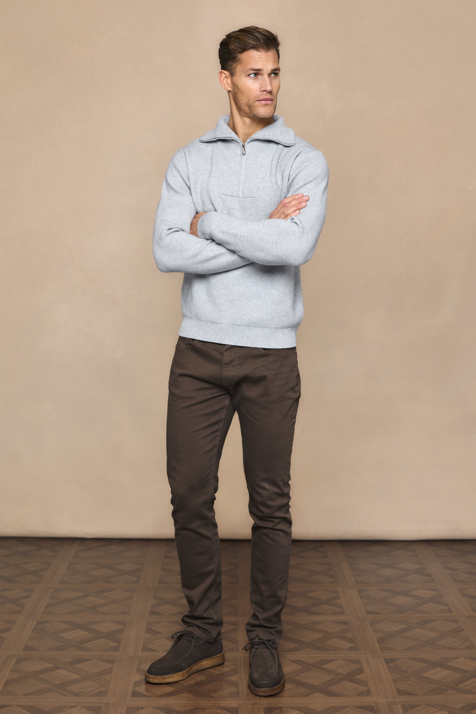 Zander Zipped Funnel Neck Knit - Light Grey Marl