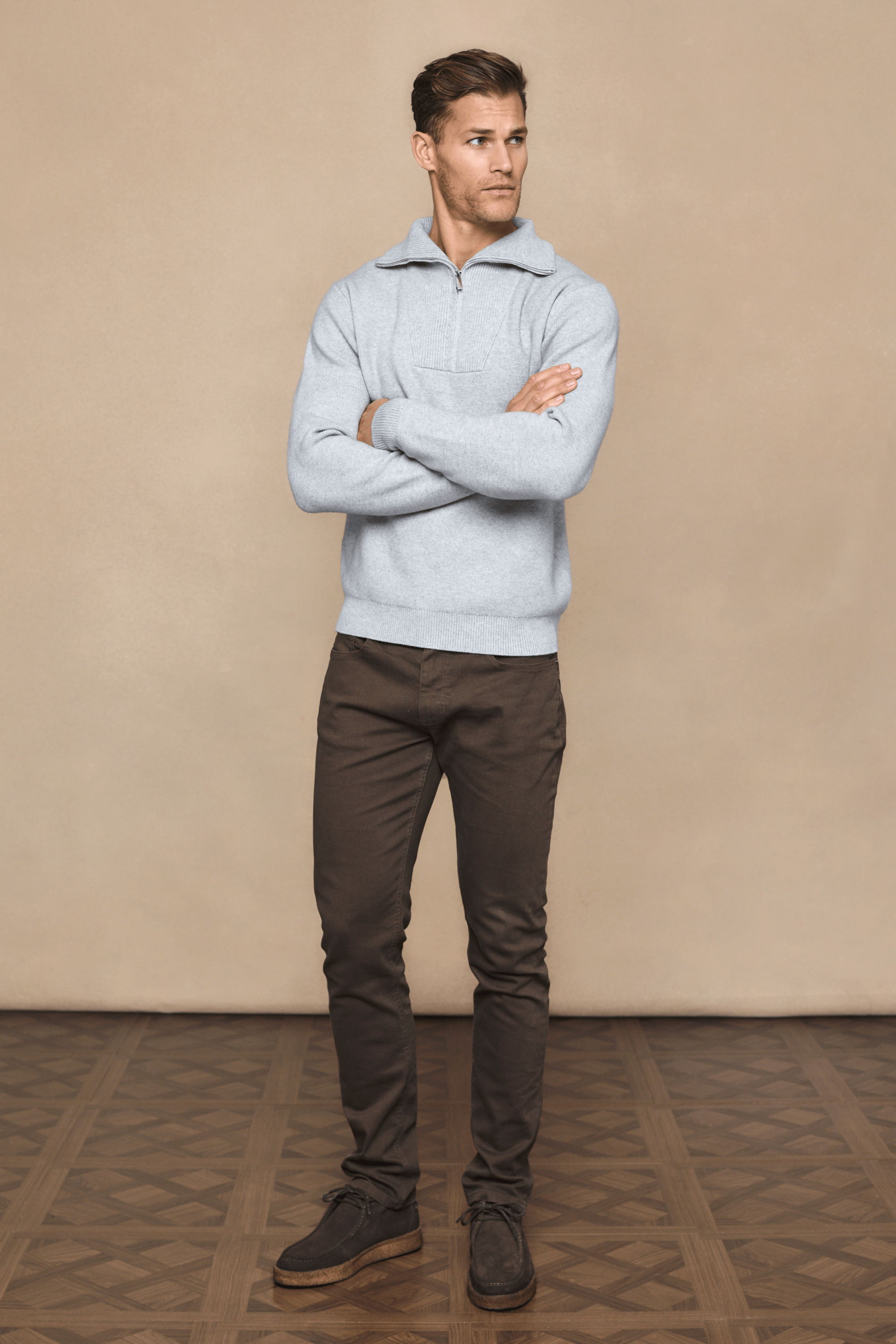 Zander Zipped Funnel Neck Knit - Light Grey Marl