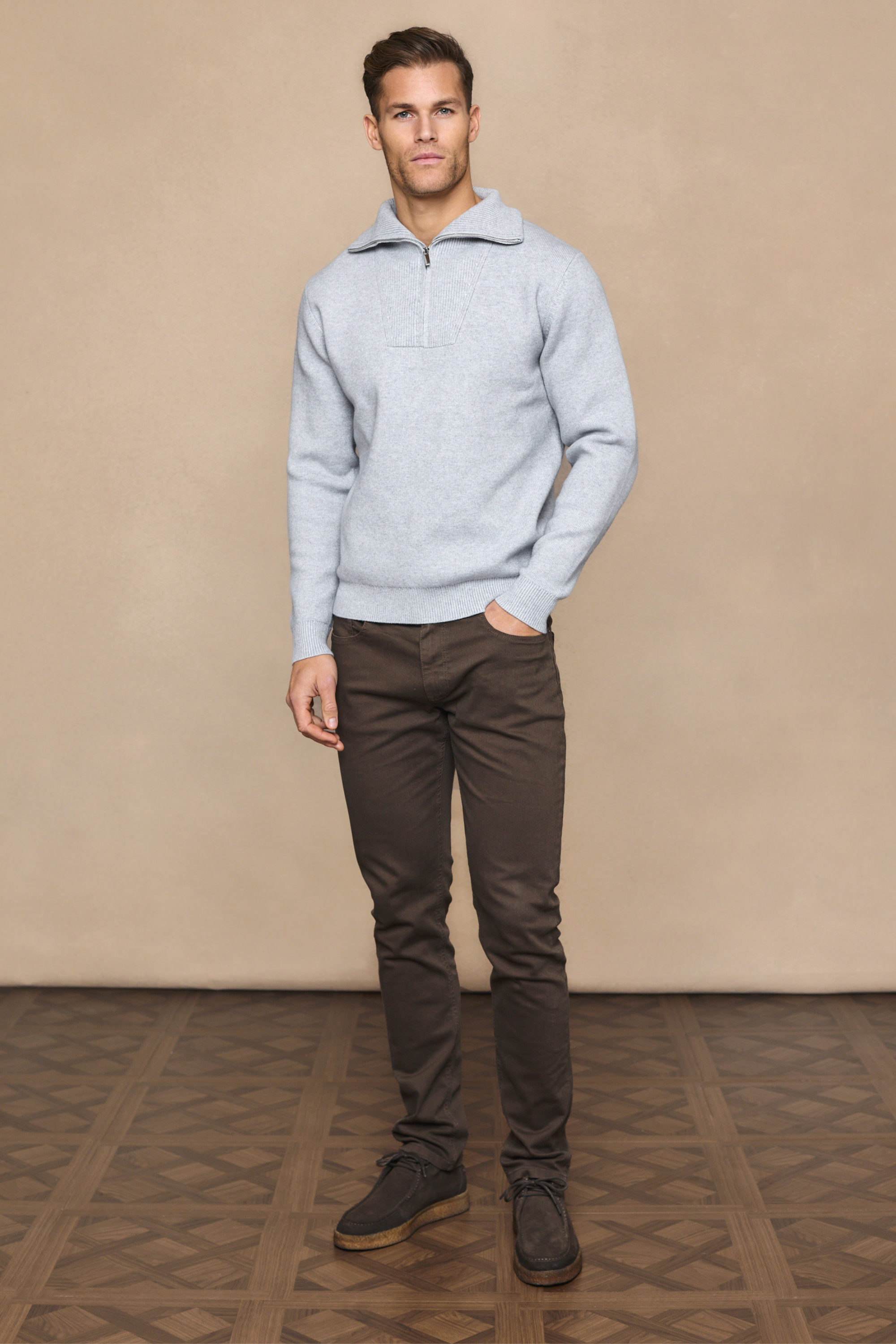 Zander Zipped Funnel Neck Knit - Light Grey Marl