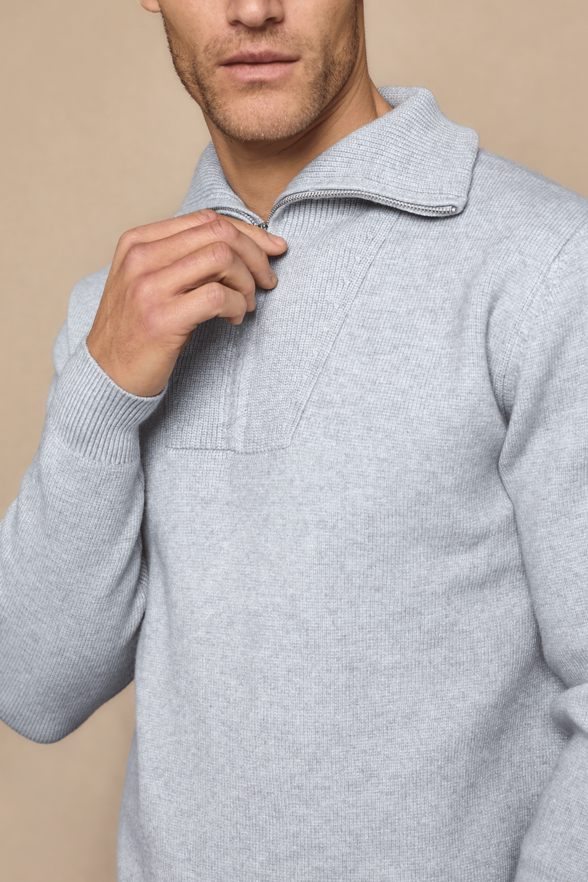 Zander Zipped Funnel Neck Knit - Light Grey Marl