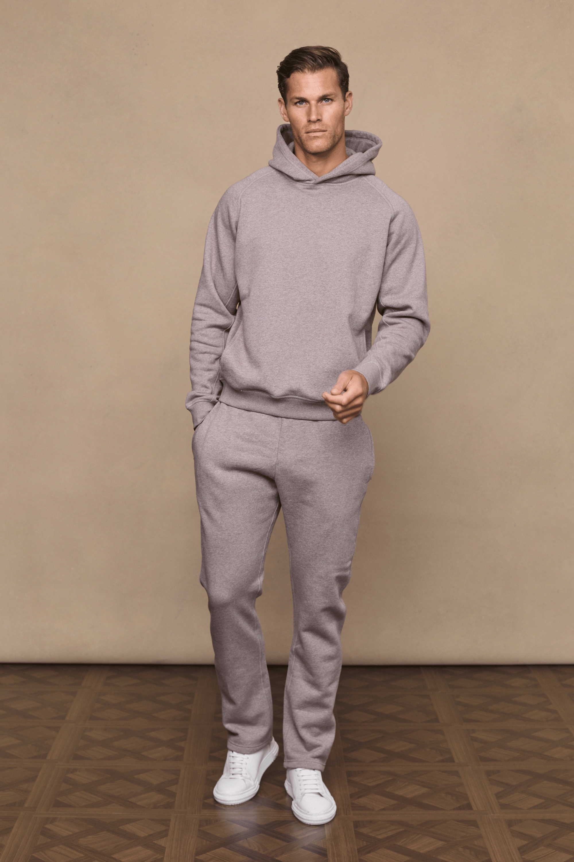 Men’s heavyweight cotton blend hoodie in brown marl with raglan sleeves by Raith