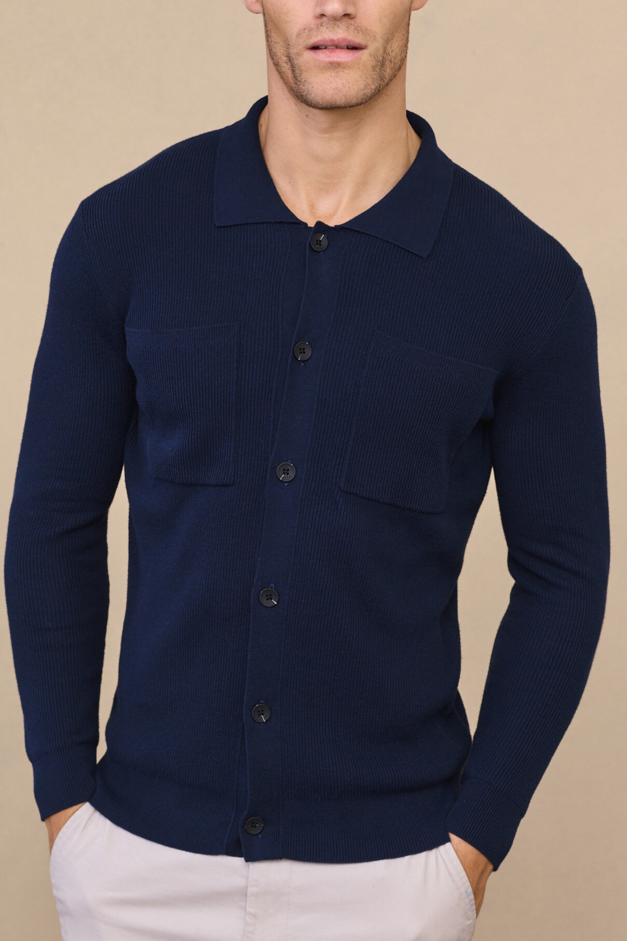 Elias Rib Top Pocket Cardigan - Navy