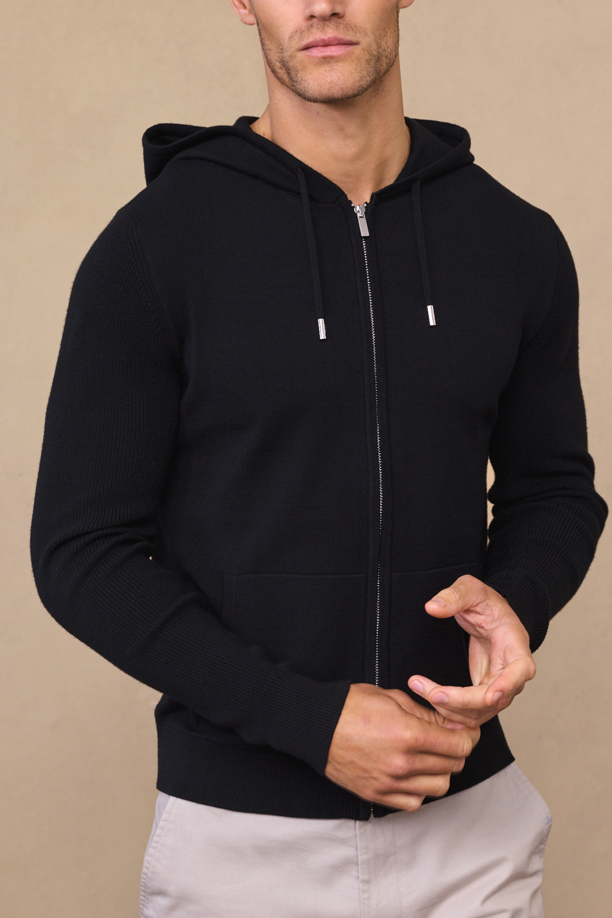 Nolan Knitted Zip Through Hoodie - Black