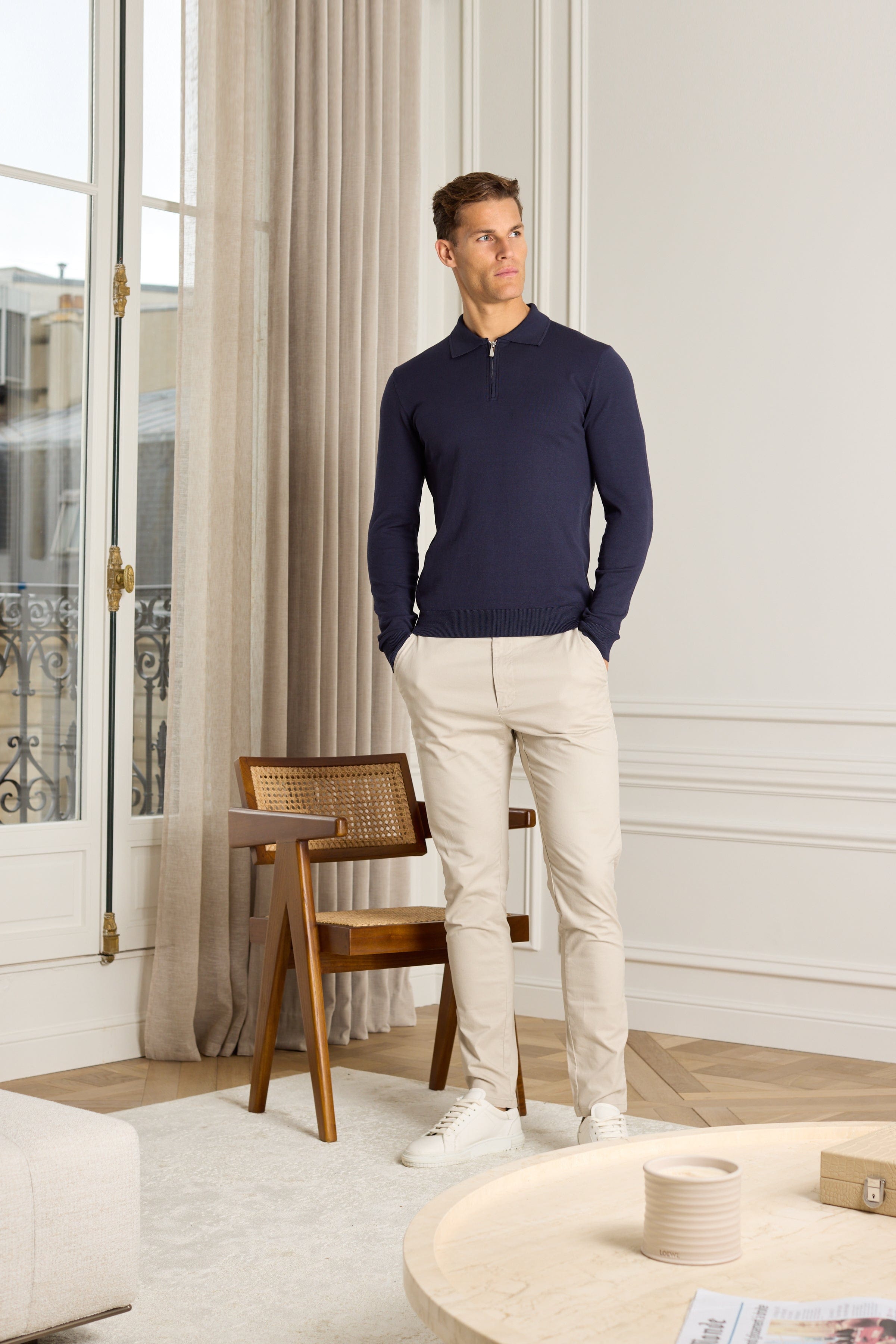 Knitted Long Sleeve Zip Polo Shirt - Navy