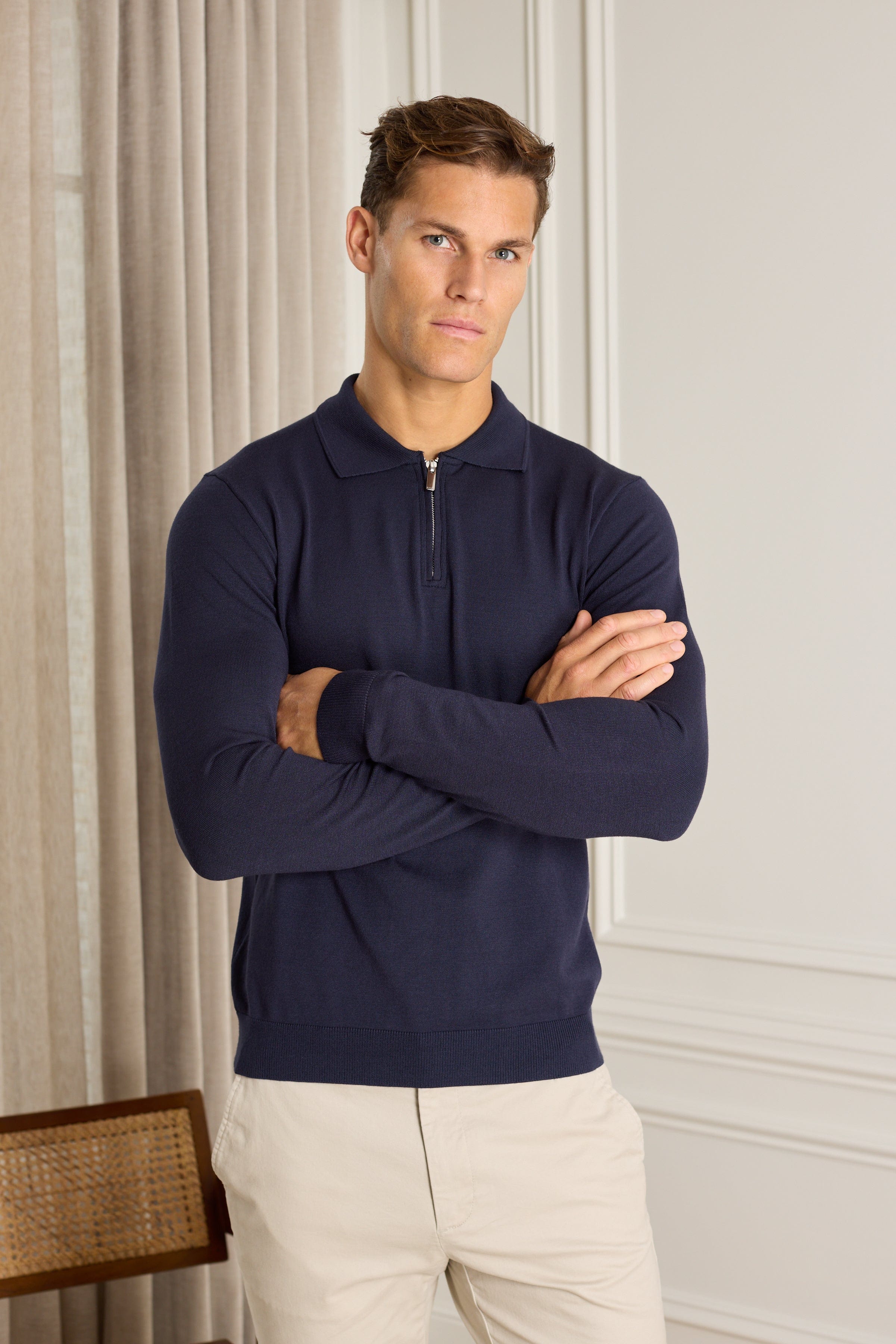 Knitted Long Sleeve Zip Polo Shirt - Navy