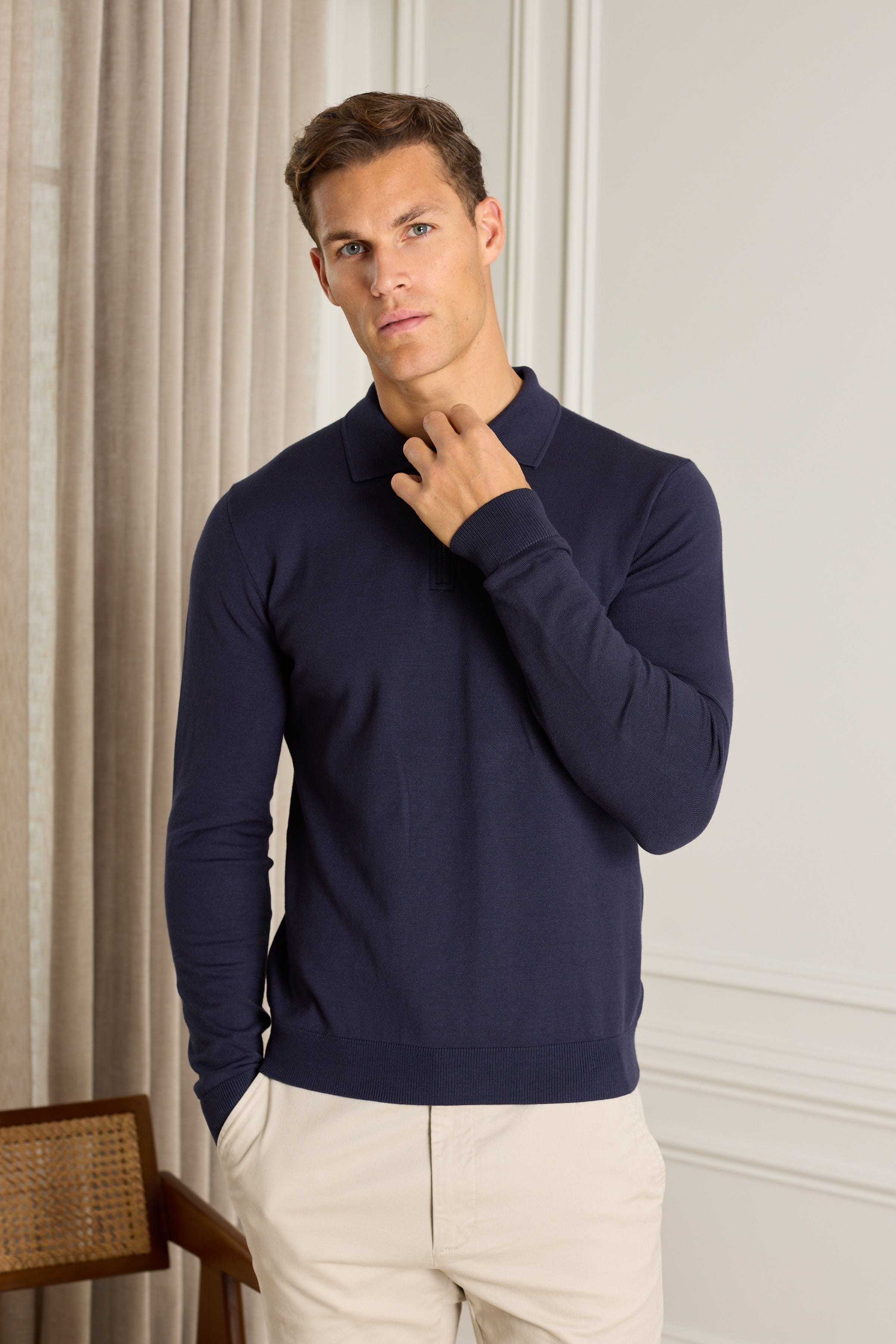 Knitted Long Sleeve Zip Polo Shirt - Navy