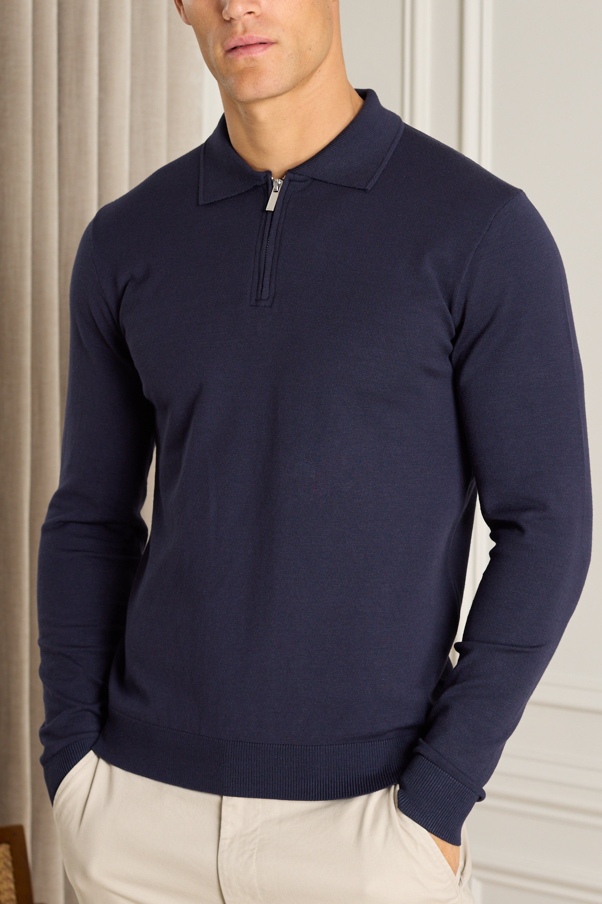 Knitted Long Sleeve Zip Polo Shirt - Navy