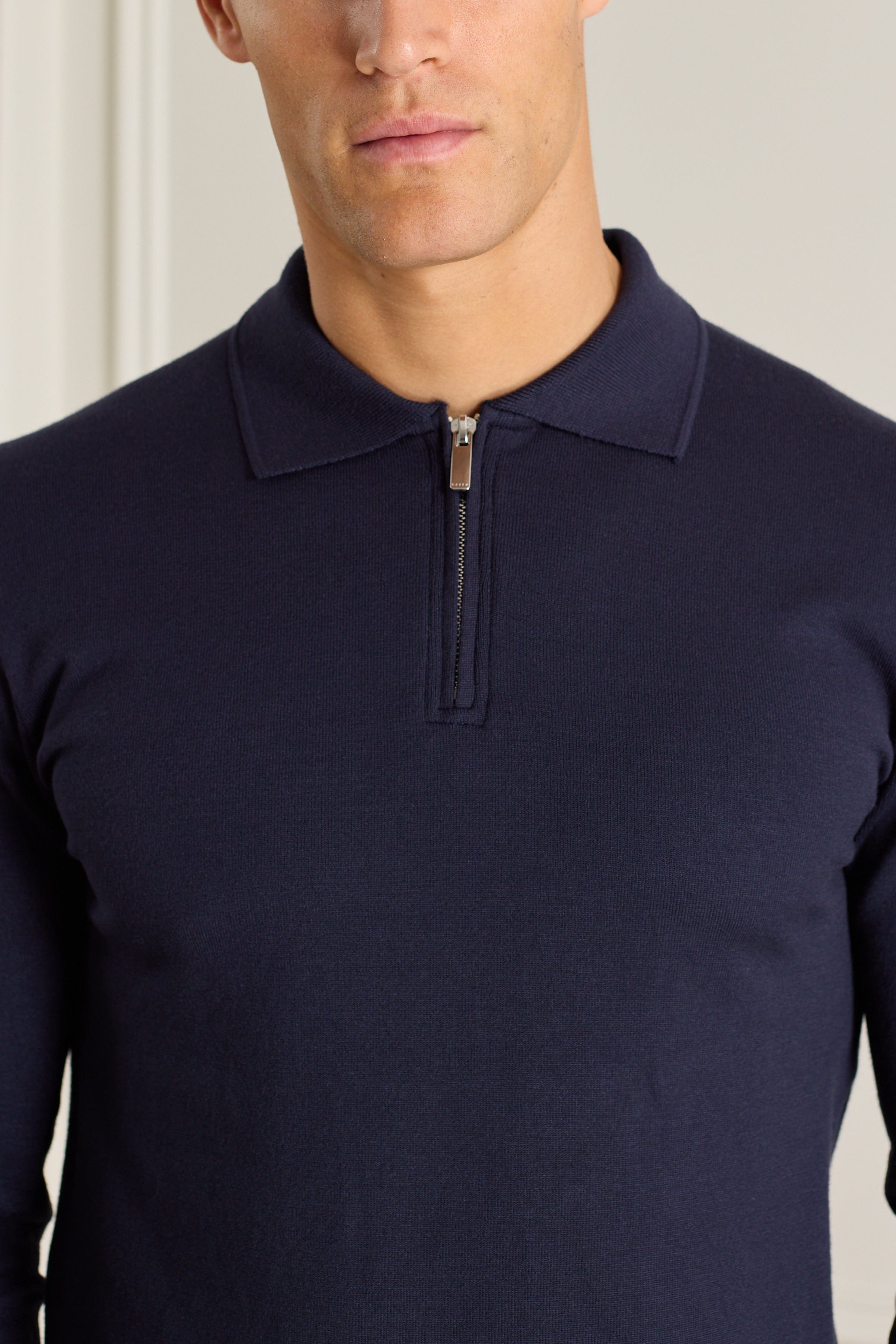 Knitted Long Sleeve Zip Polo Shirt - Navy