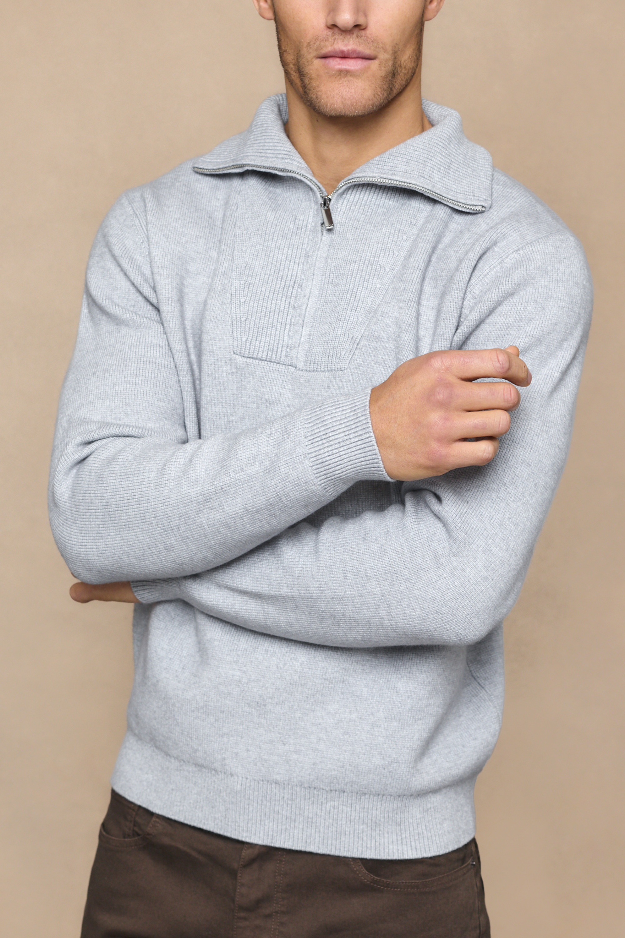 Zander Zipped Funnel Neck Knit - Light Grey Marl