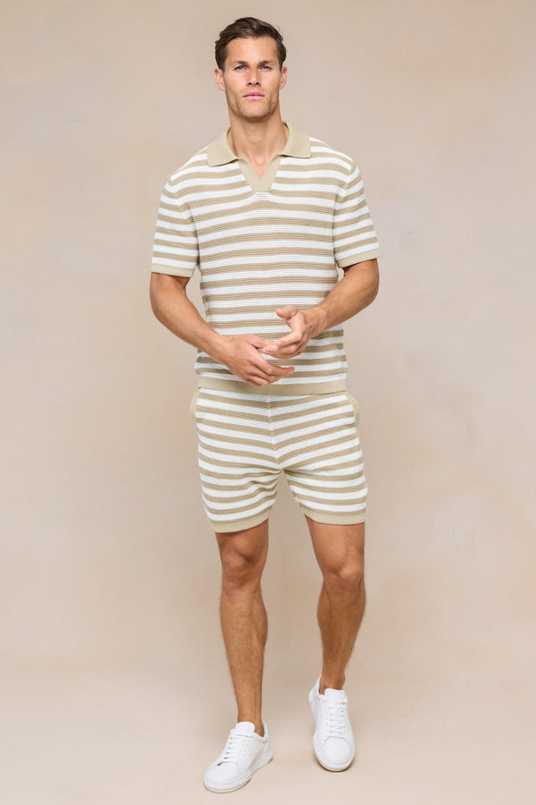 Lattolo Striped Knit Polo Shirt - Ecru/Beige