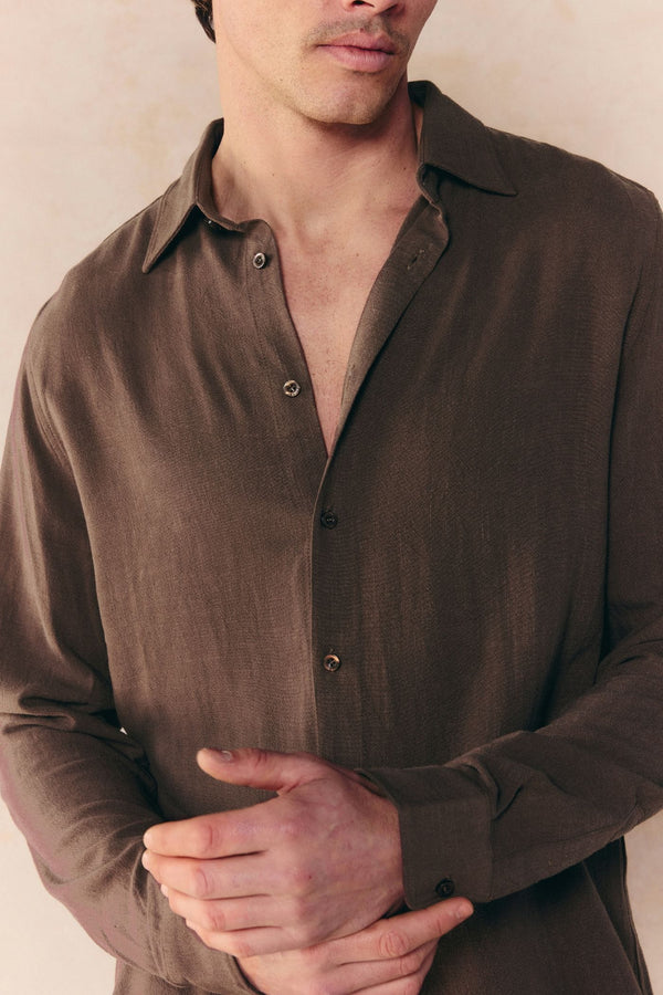 Cami Linen Classic Collar Shirt - Brown