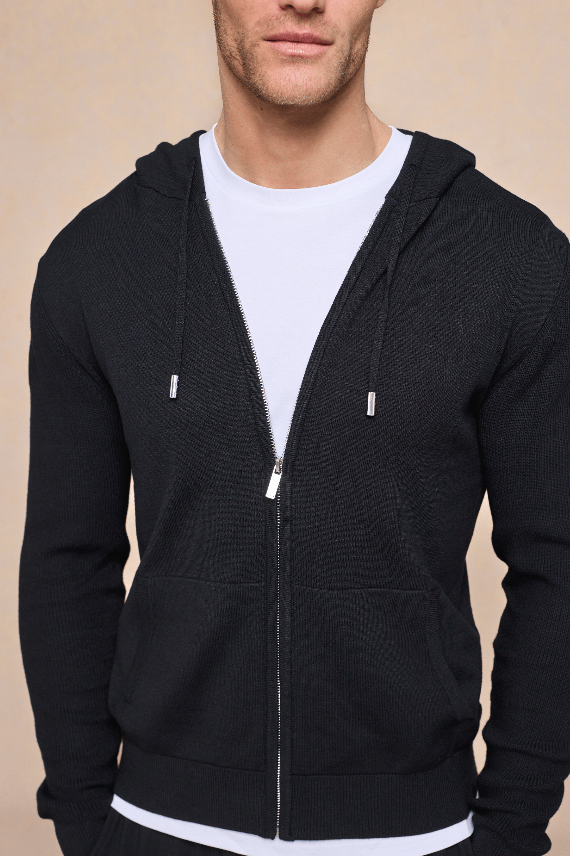 Nolan Knitted Zip Through Hoodie - Black