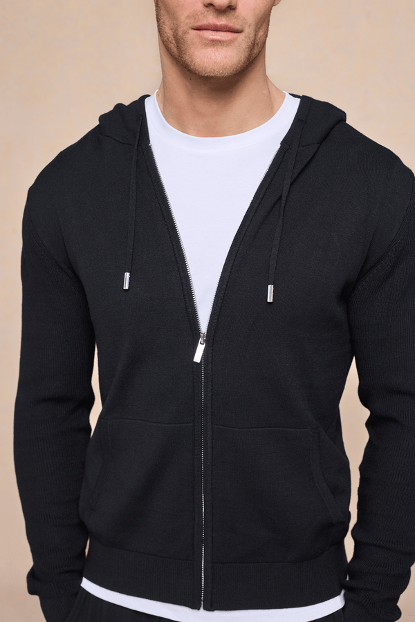 Nolan Knitted Zip Through Hoodie - Black