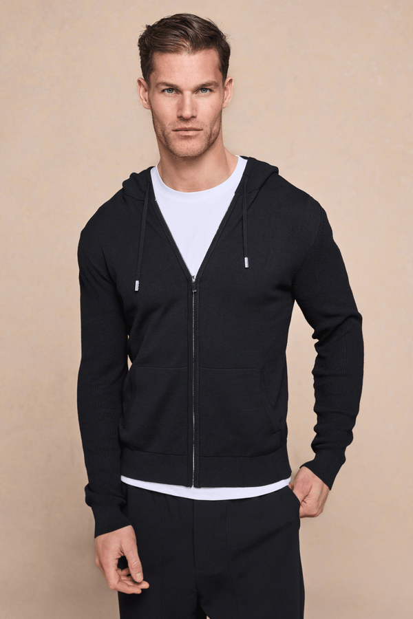 Nolan Knitted Zip Through Hoodie - Black