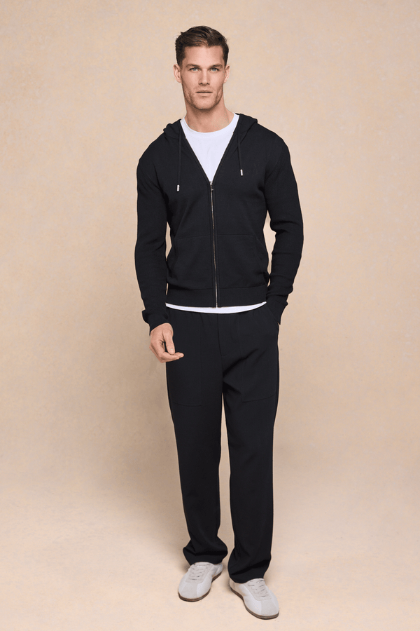 Nolan Knitted Zip Through Hoodie - Black