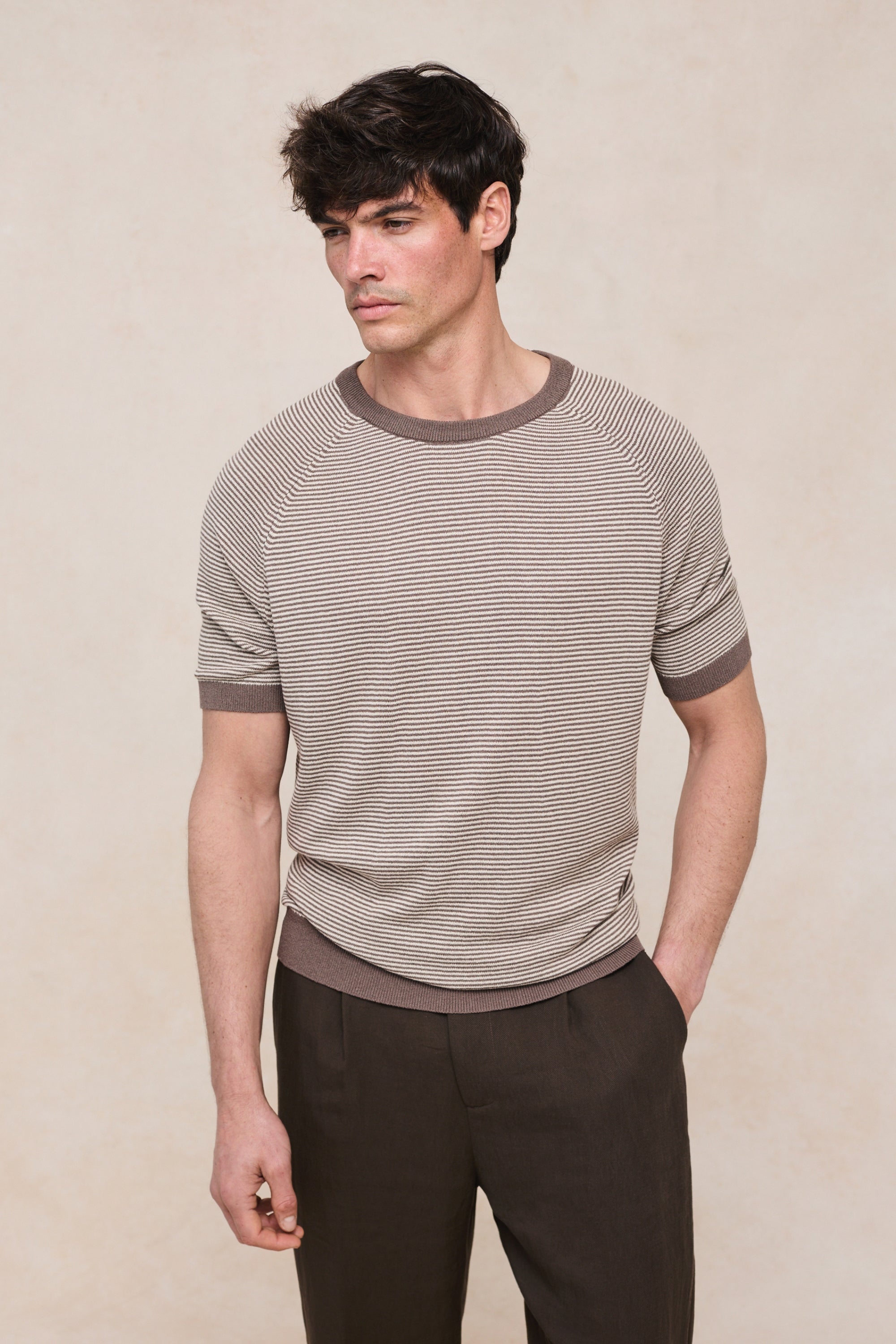 Rafael Linen Striped Crew Neck T-Shirt - Brown/Beige