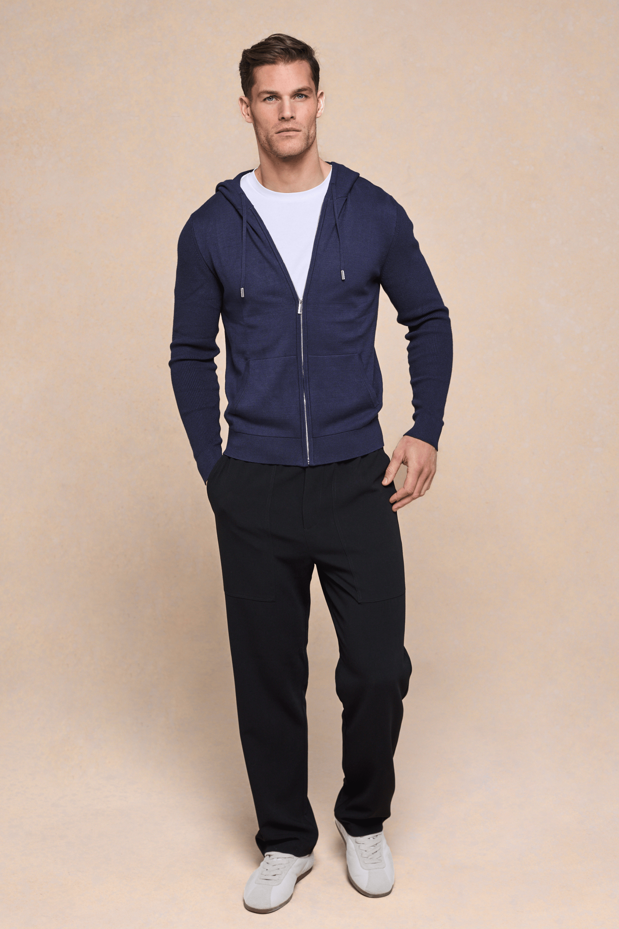 Nolan Knitted Zip Through Hoodie - Navy
