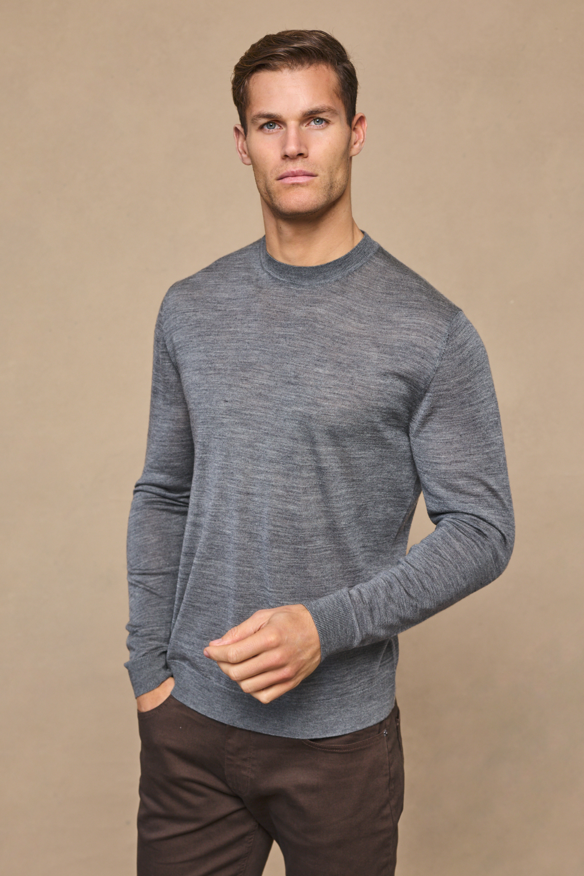 Frederic Fine Knit Long Sleeve T-Shirt - Grey Marl