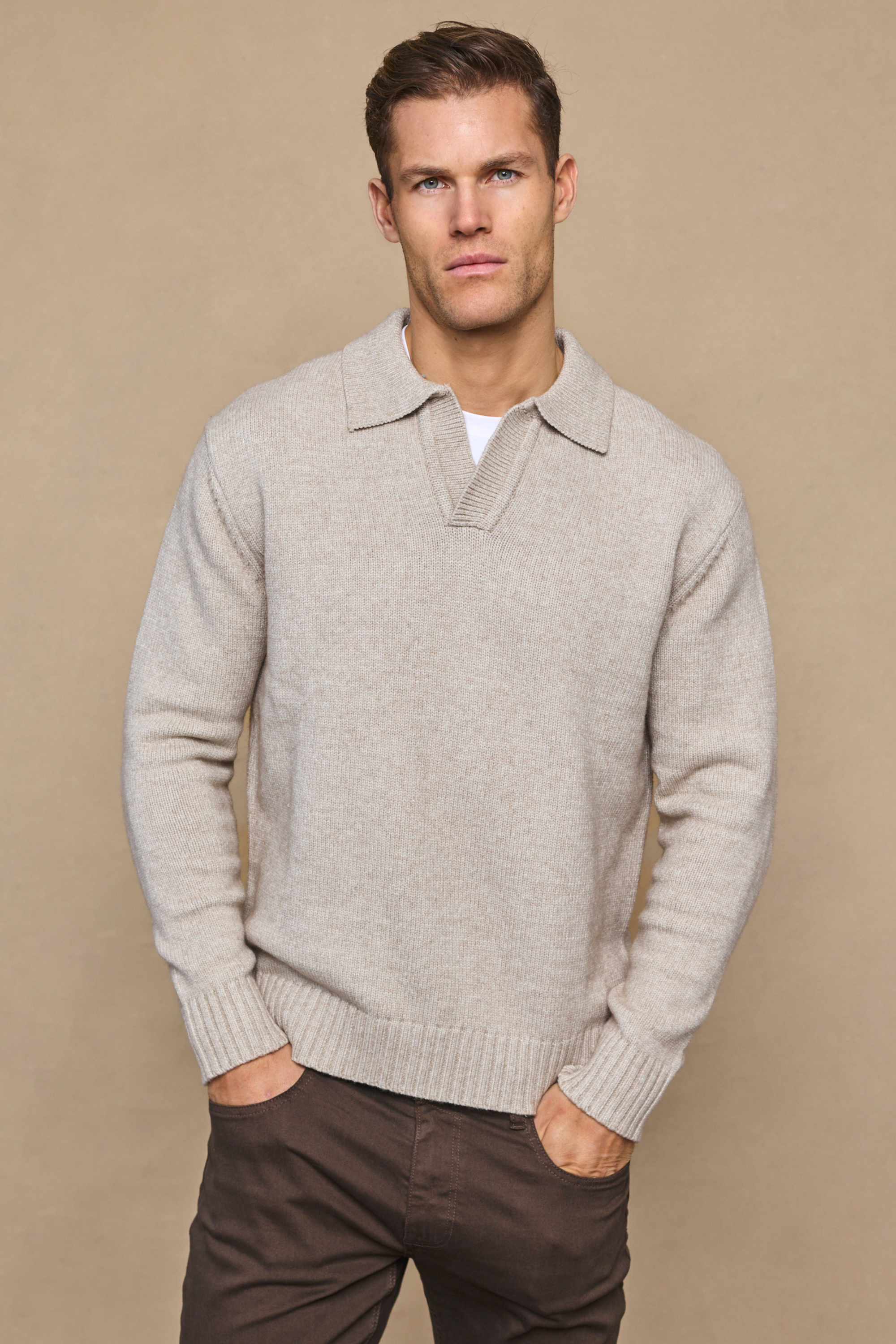 Dylan Chunky Knit Open Collar Sweater - Oatmeal