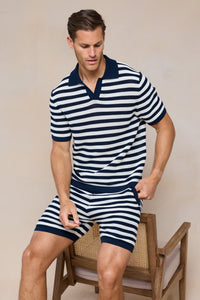 Lattolo Striped Knit Polo Shirt - Navy/Ecru