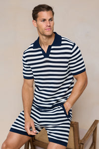 Lattolo Striped Knit Polo Shirt - Navy/Ecru