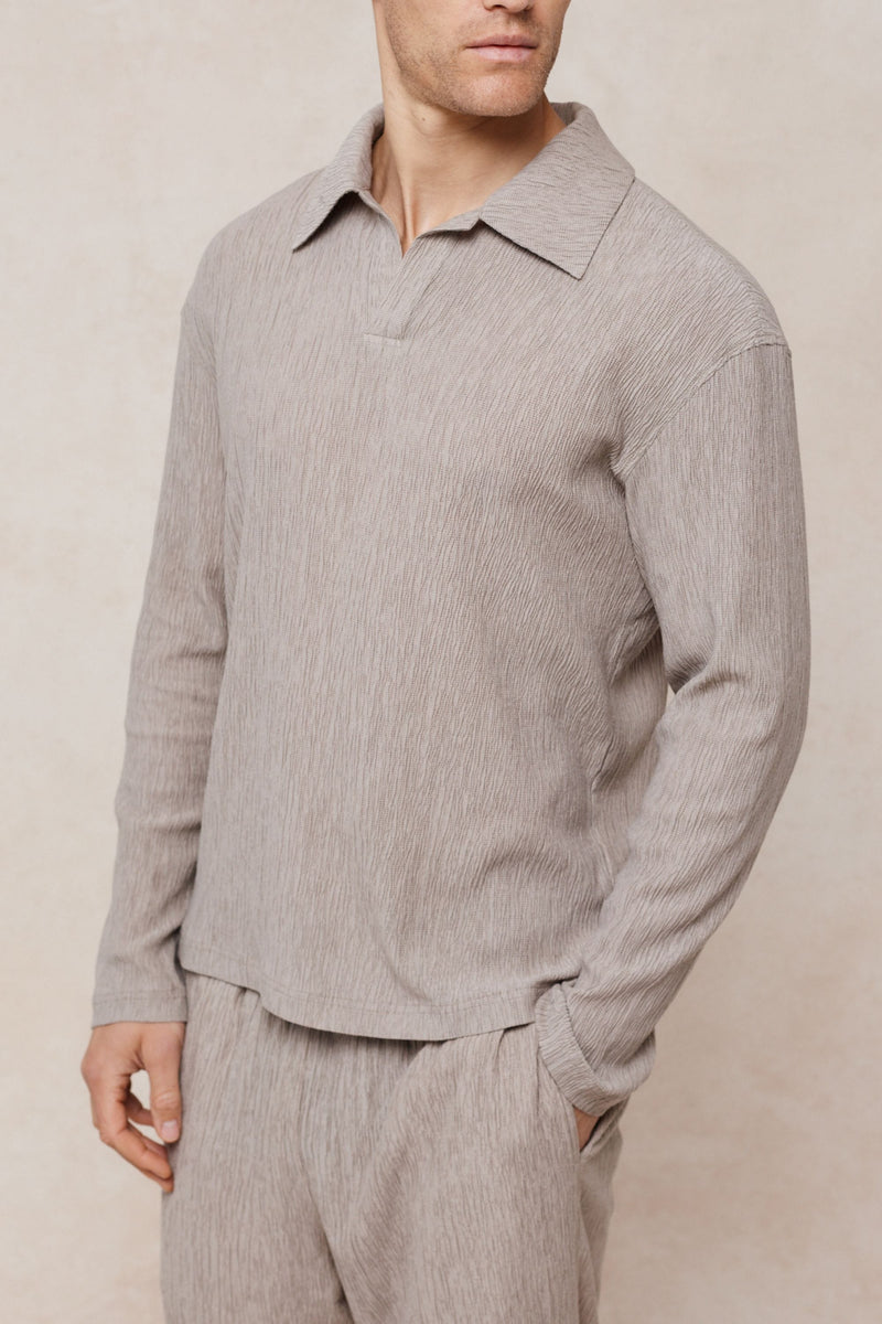 Arty Long Sleeve Open Collar Polo - Mushroom