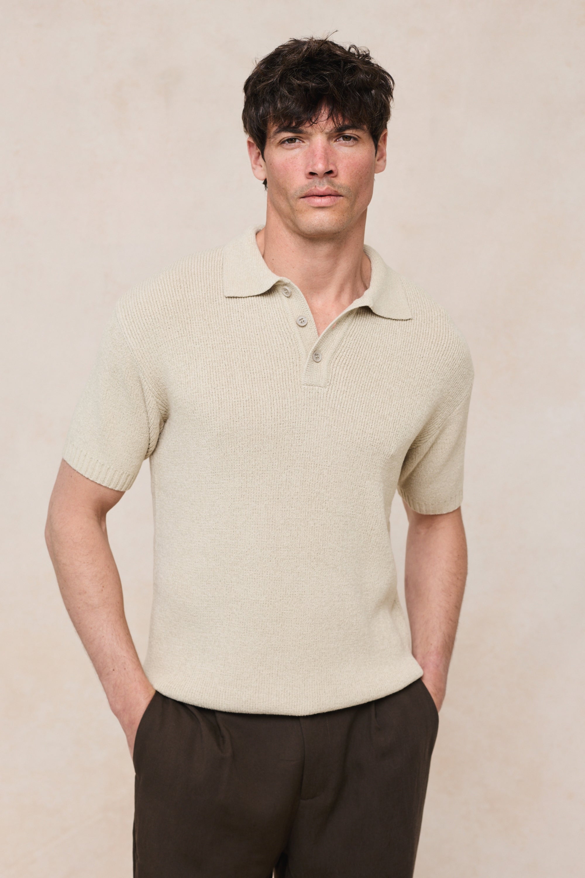 Sorelle Short Sleeve Rib Knit Polo - Sand