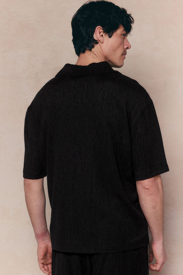 Silvano Crinkled Open Collar Polo - Black