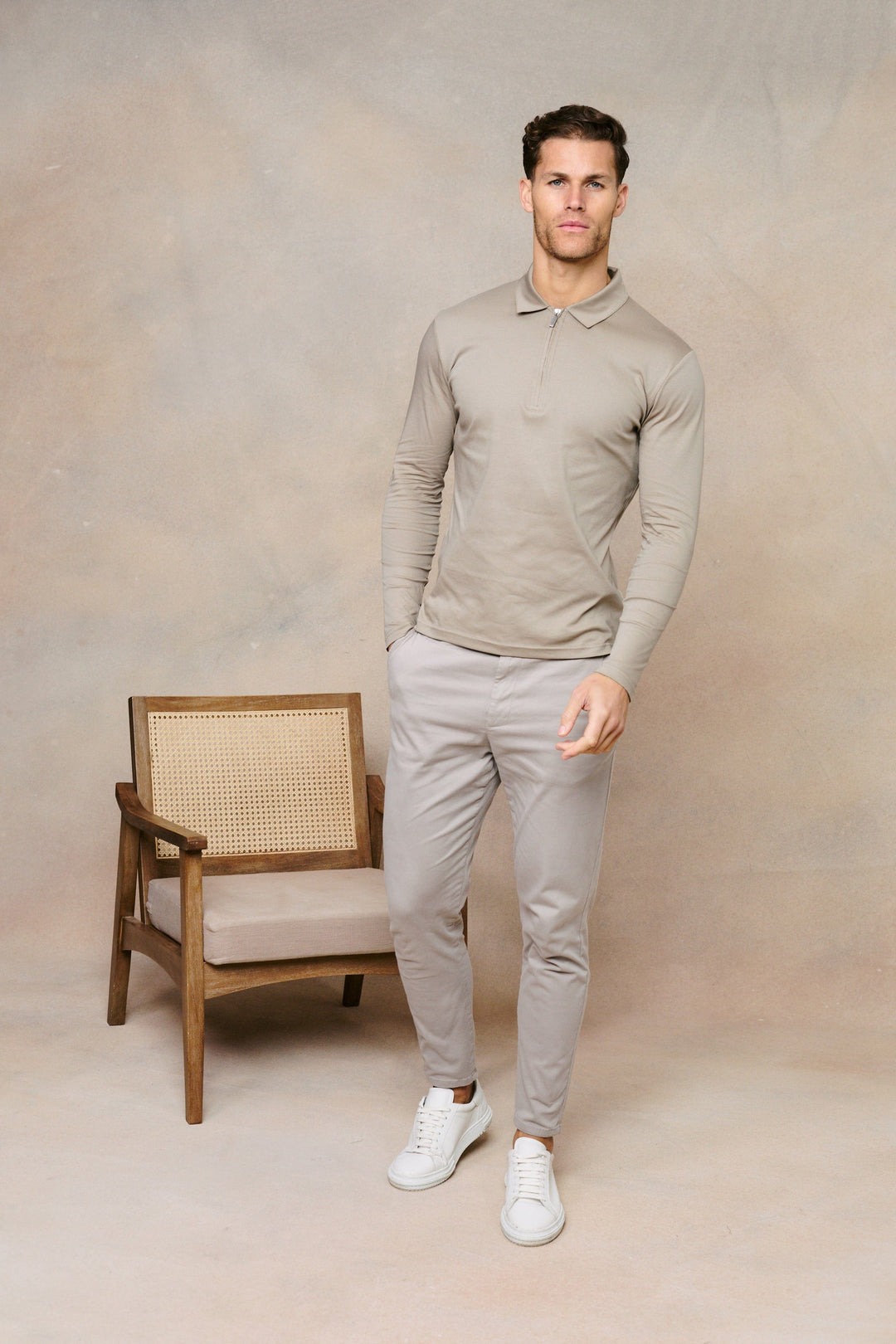 Luxe Mercerised Long Sleeve Zip Polo Shirt - Sand