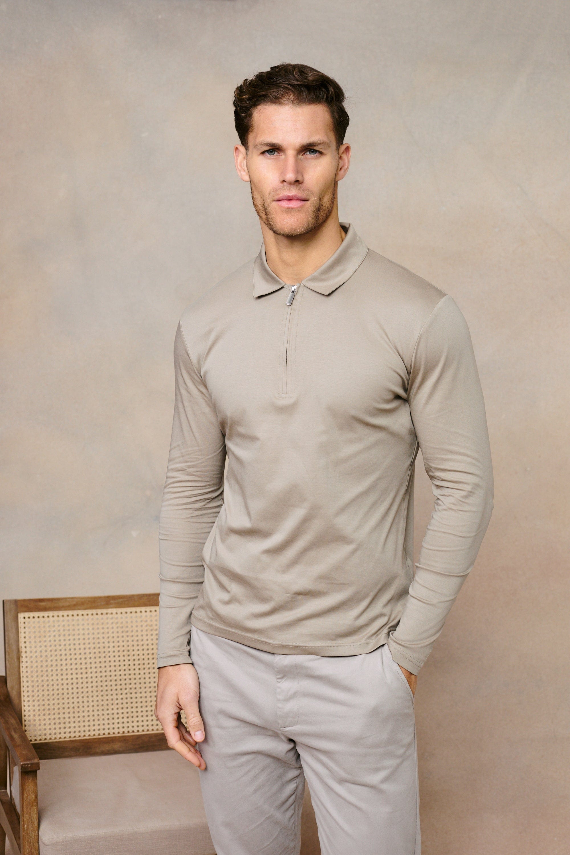 Luxe Mercerised Long Sleeve Zip Polo Shirt - Sand