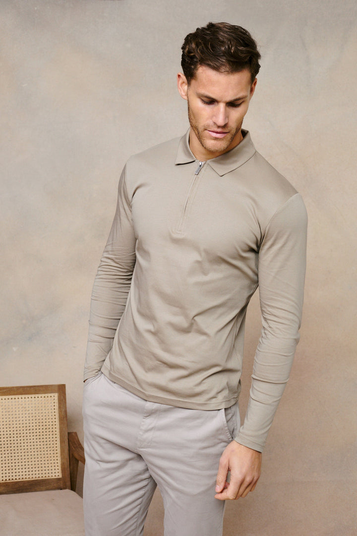 Luxe Mercerised Long Sleeve Zip Polo Shirt - Sand