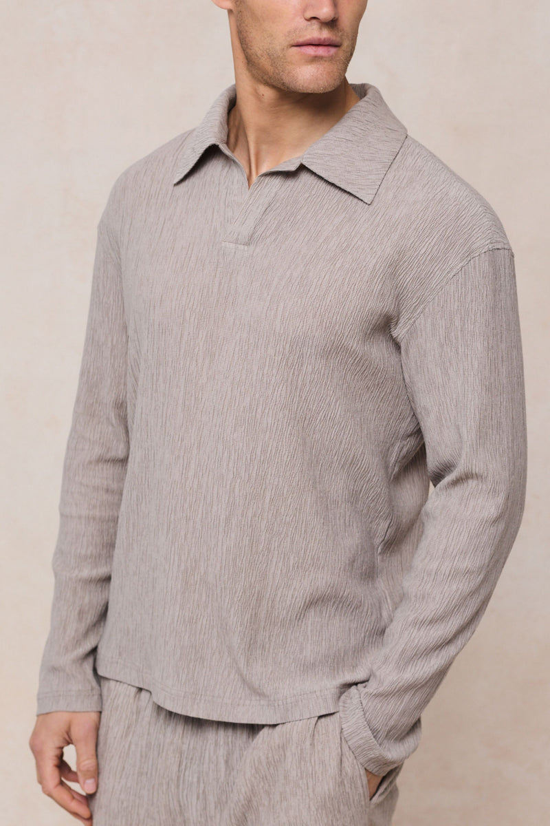 Arty Long Sleeve Open Collar Polo - Mushroom