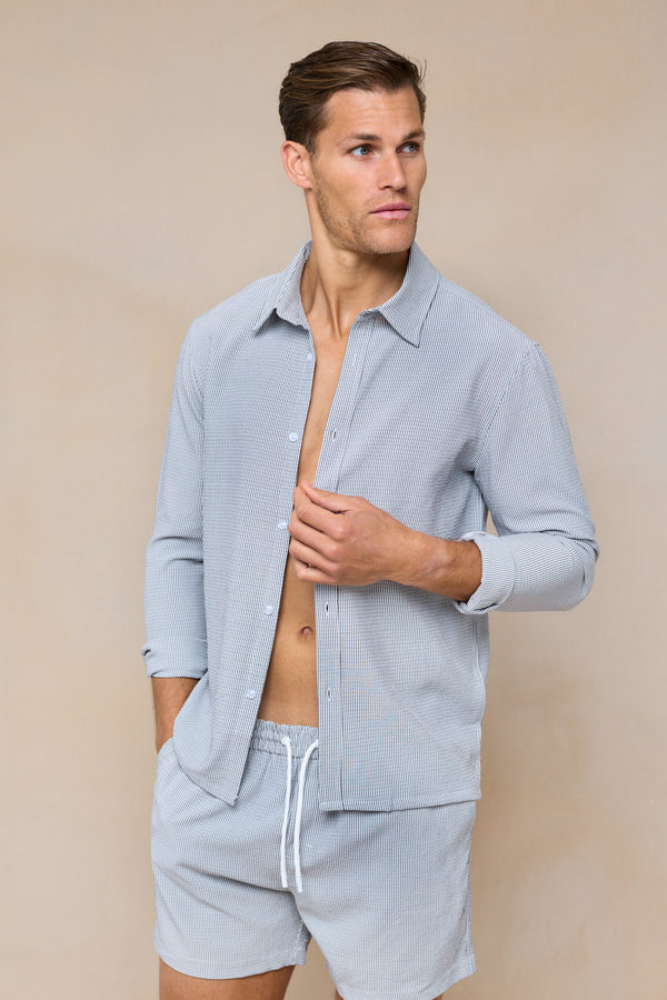 Vittorio Seersucker Long Sleeve Shirt - Black/White