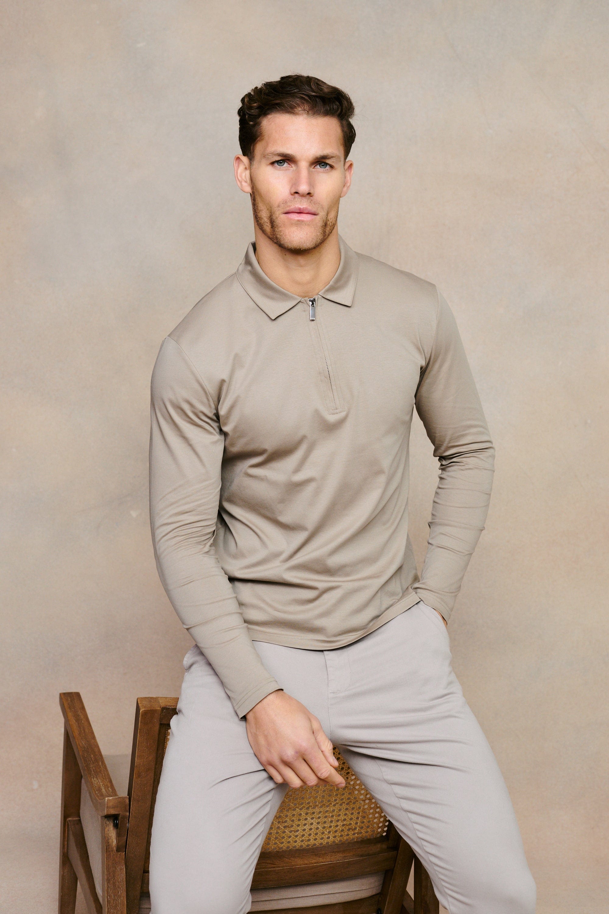 Luxe Mercerised Long Sleeve Zip Polo Shirt - Sand