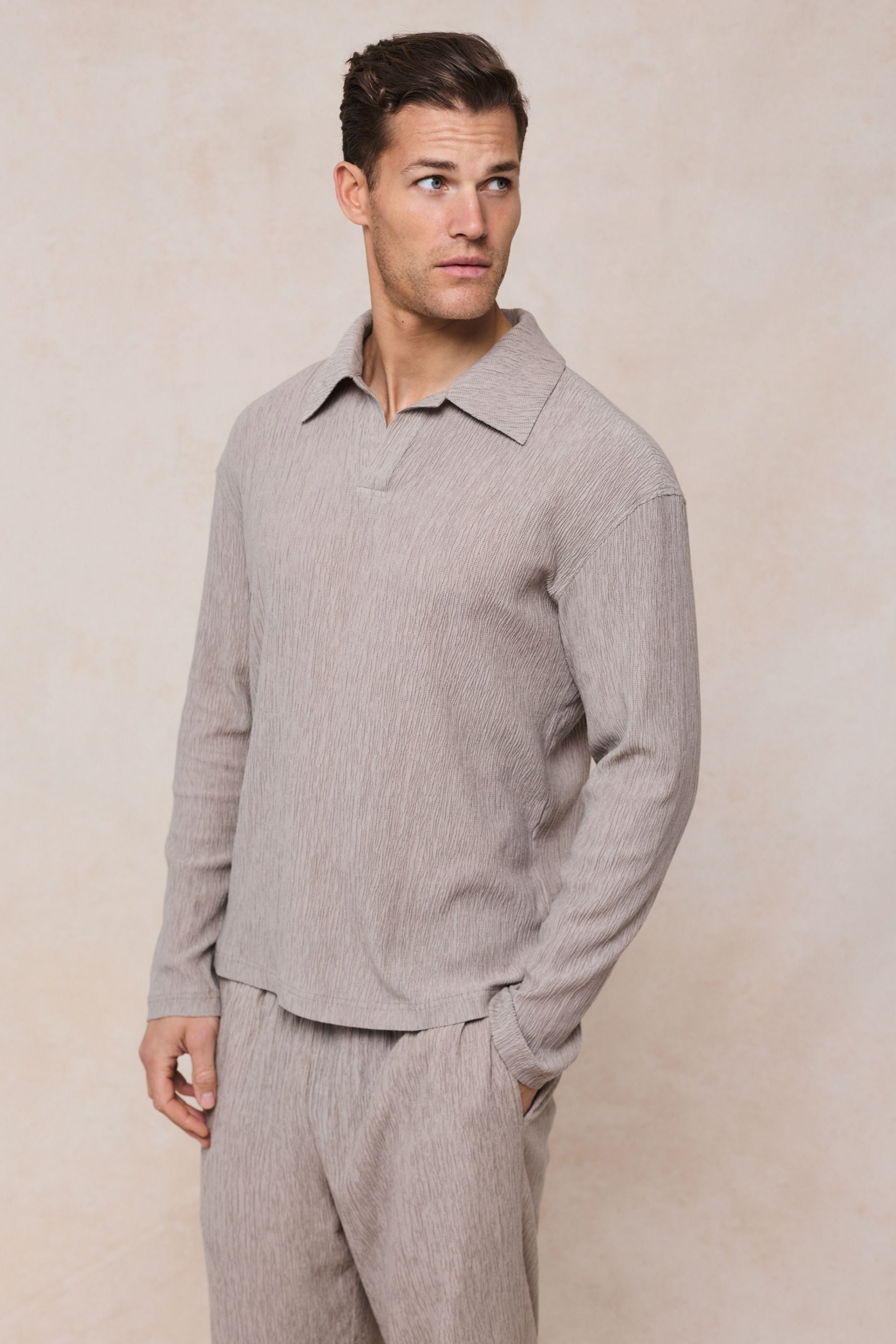 Arty Long Sleeve Open Collar Polo - Mushroom