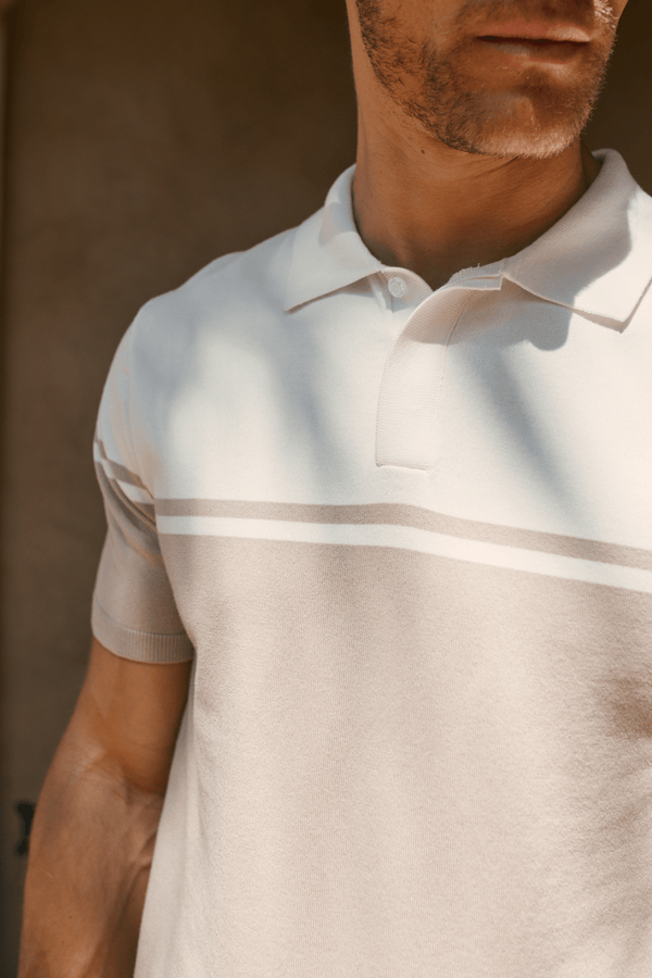 Vicolo Knitted Striped Block Polo SS - Ecru/Sand