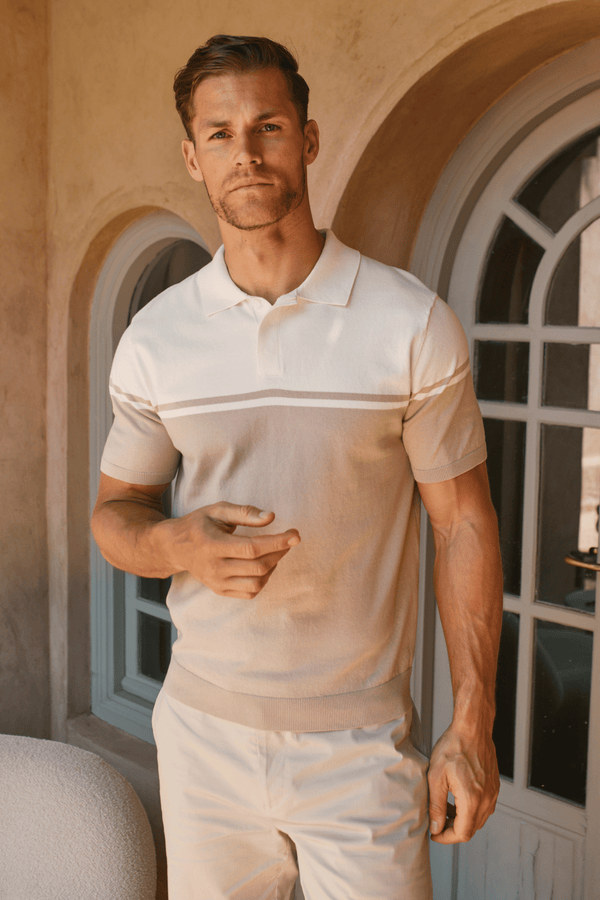 Vicolo Knitted Striped Block Polo SS - Ecru/Sand