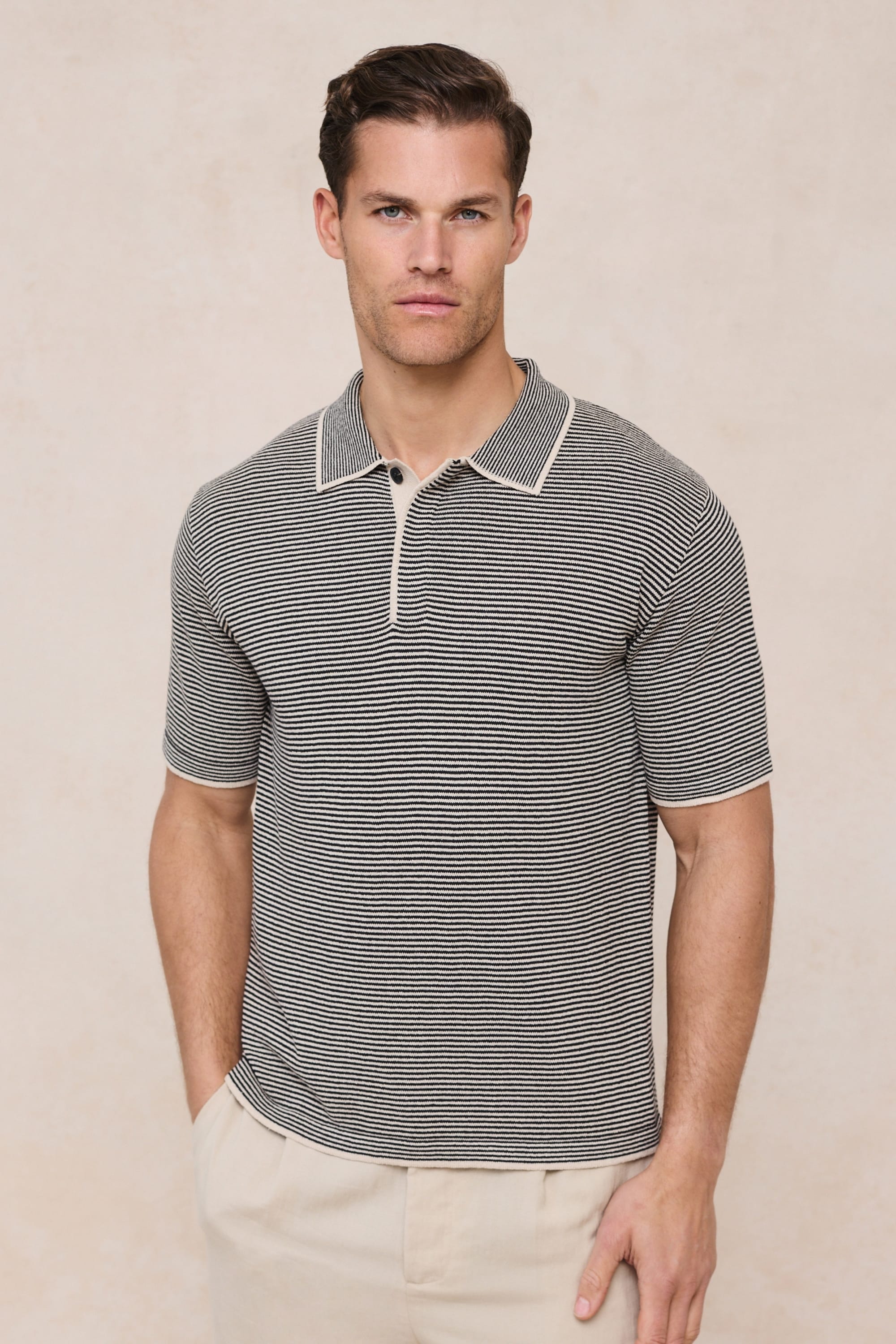 Felipe Contrast Hems Striped Linen Half Placket Polo - Beige/Black