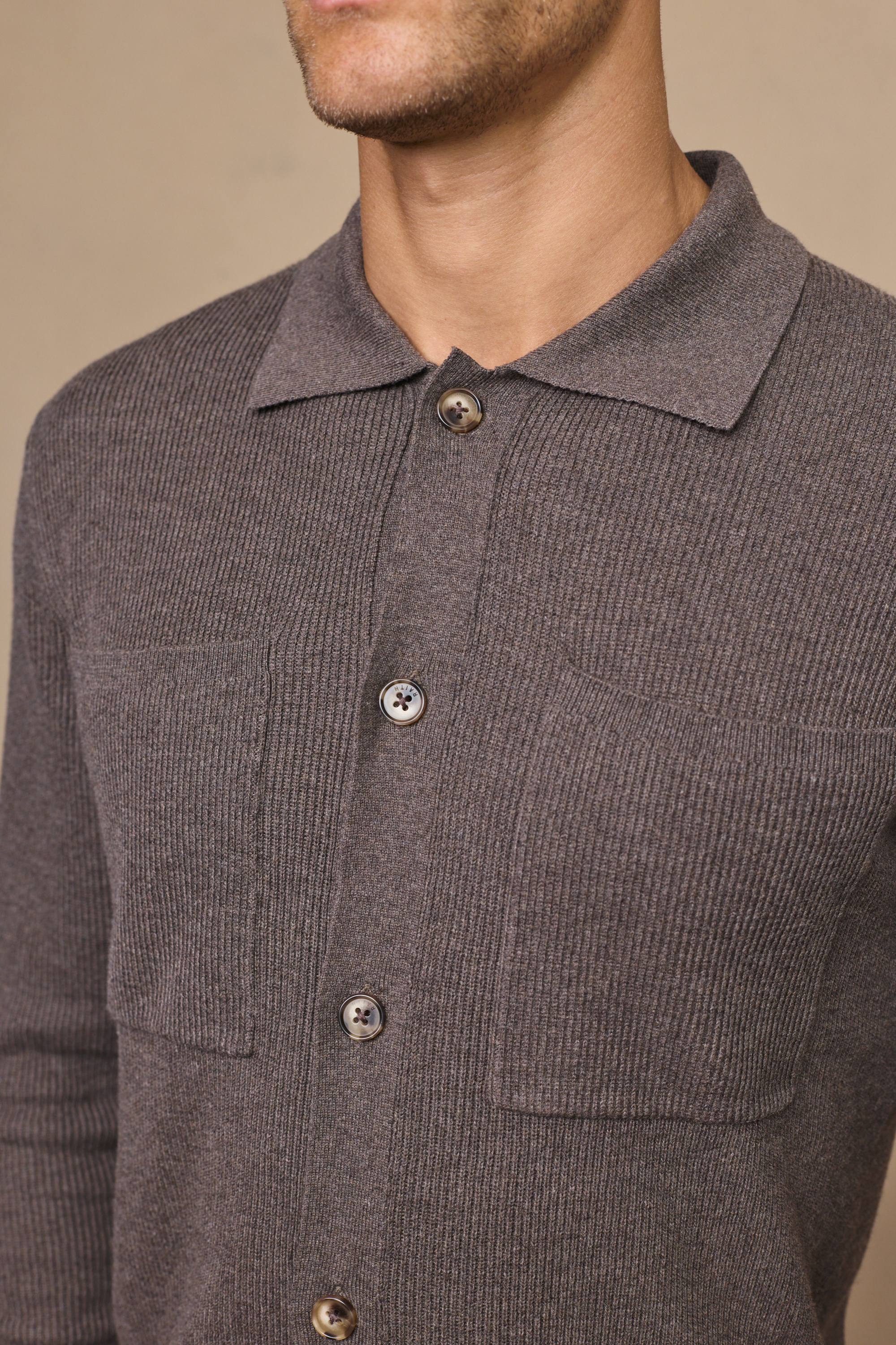 Elias Rib Top Pocket Cardigan - Light Brown Marl