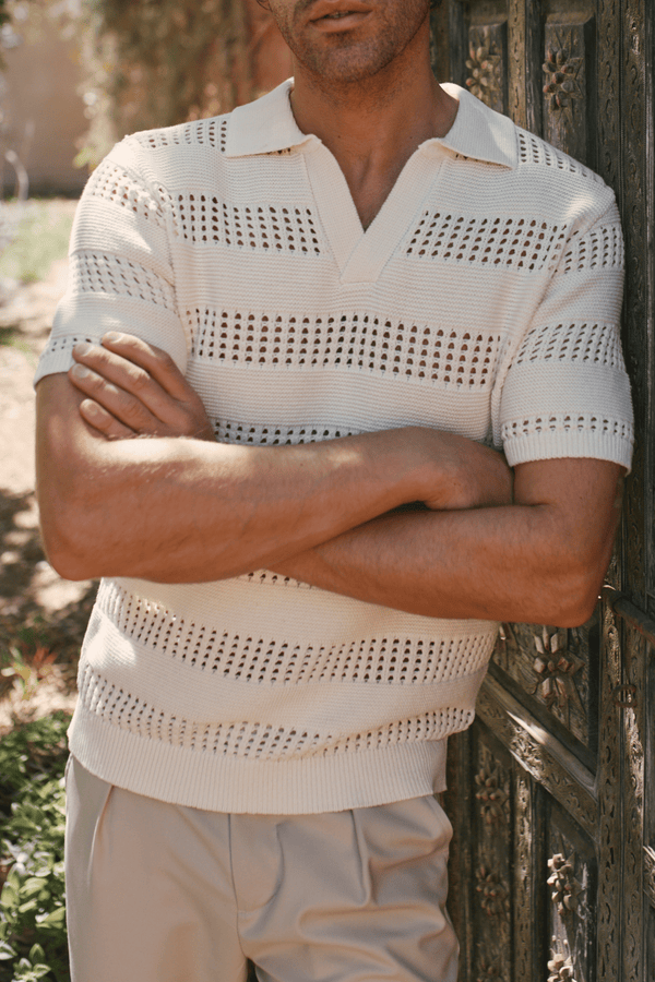 Frattina Crochet Cotton Knit Polo - Ecru