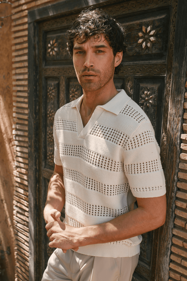 Frattina Crochet Cotton Knit Polo - Ecru