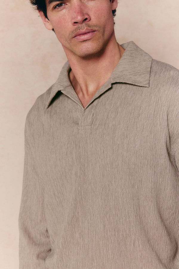 Arty Long Sleeve Open Collar Polo - Mushroom