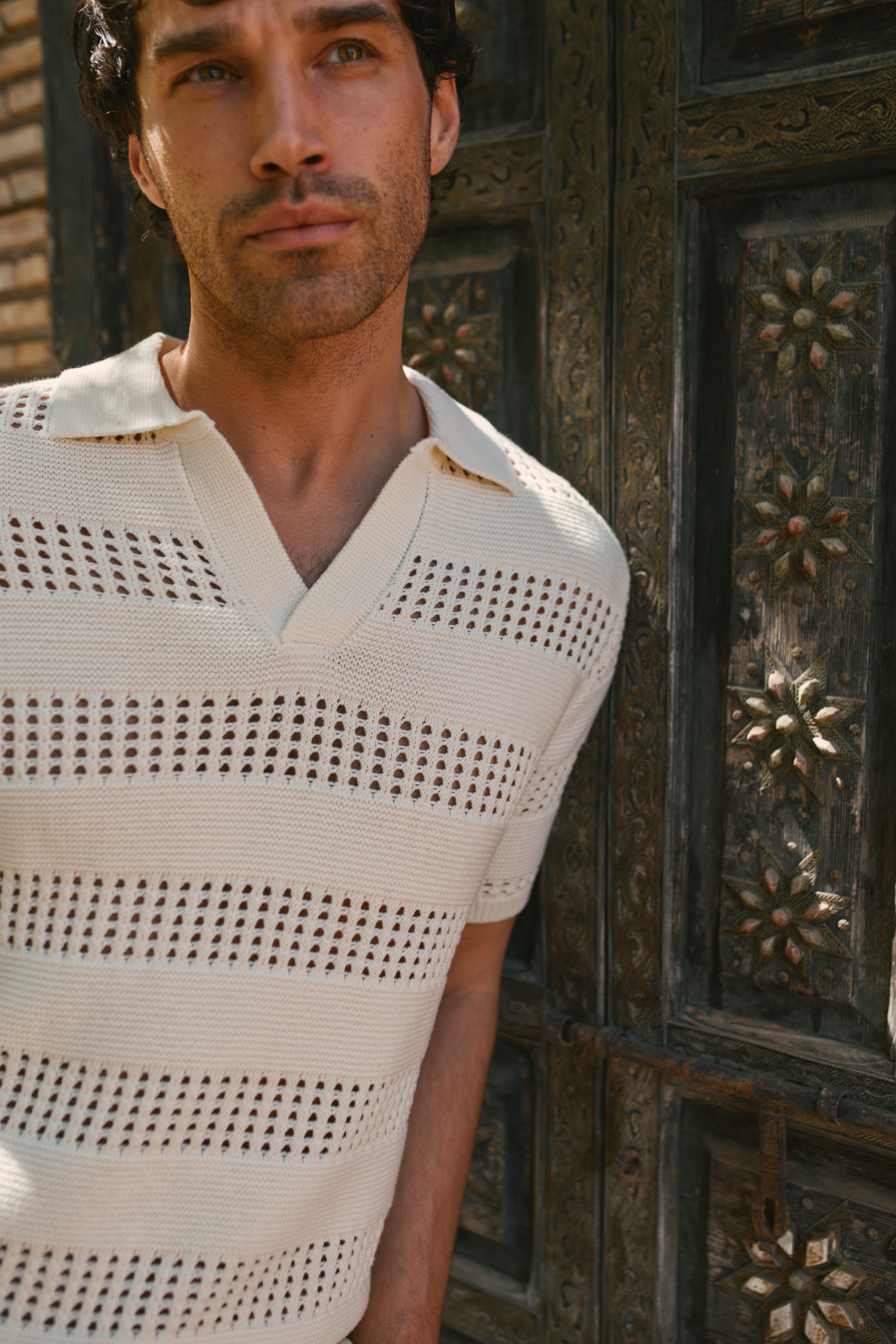 Frattina Crochet Cotton Knit Polo - Ecru