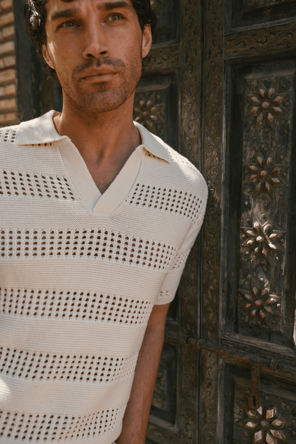 Frattina Crochet Cotton Knit Polo - Ecru