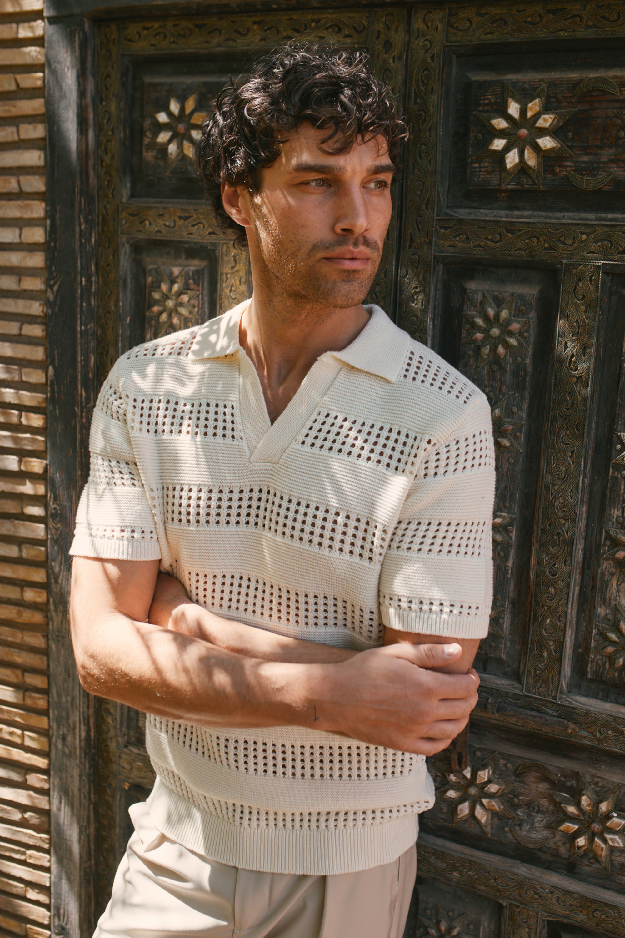 Frattina Crochet Cotton Knit Polo - Ecru