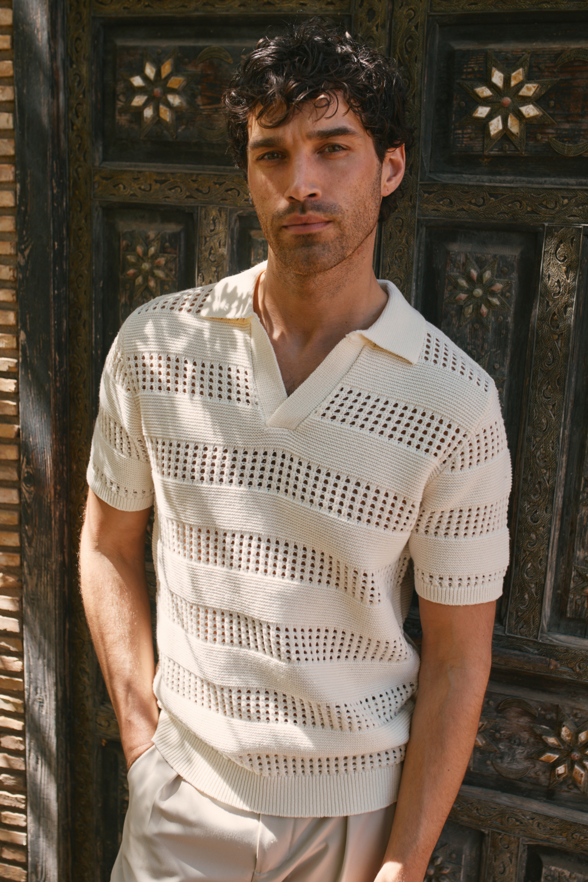 Frattina Crochet Cotton Knit Polo - Ecru
