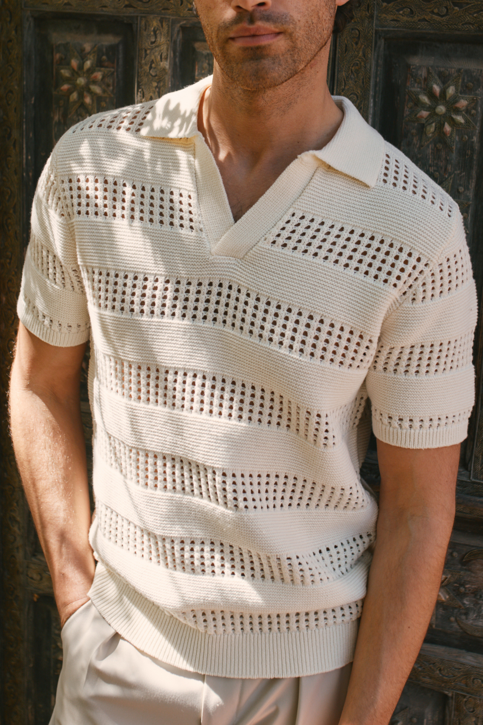 Frattina Crochet Cotton Knit Polo - Ecru